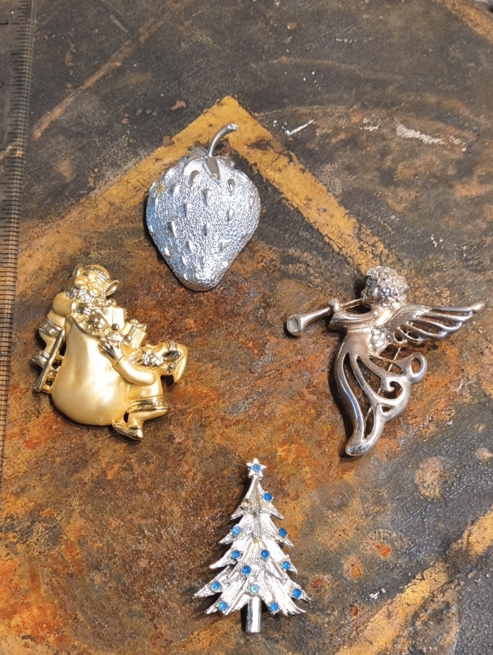 Festive Mixed Metal Holiday Brooch Set - Silver & Gold